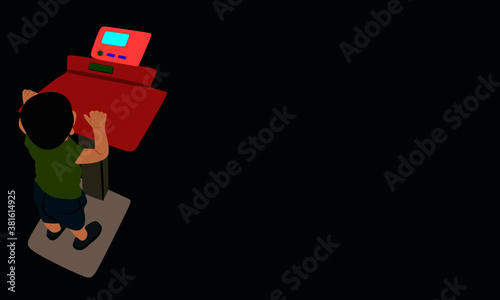 A cute little boy measuring weight on machine isolated cartoon kid at dark background.