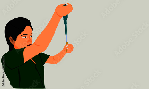 An indian lady pathologist testing blood sample on test tube glass on light color background.