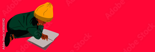 An indian little girl cartoon reading text book isolated on pink background abstract art for educational concept.