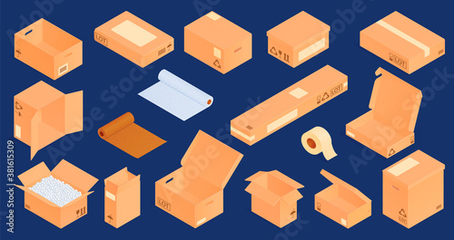 Isometric Cardboard Boxes Set