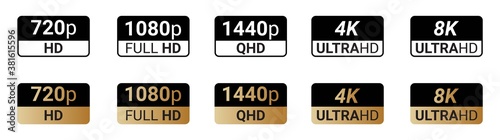 Black, white and golden video or screen resolution icons. Set from 720p to 8k photo