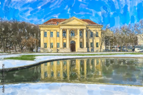 Watercolor illustration of Munich Hofgarten park in Wintertime.