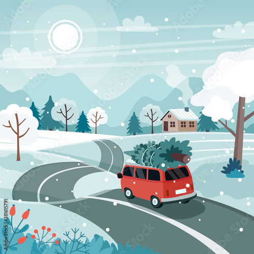 Car with christmas tree on the road. Cute winter landscape. Vector illustration in flat style