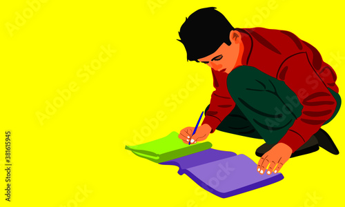 An indian boy cartoon writing text on paper copy alone on yellow background abstract art for educational concept.