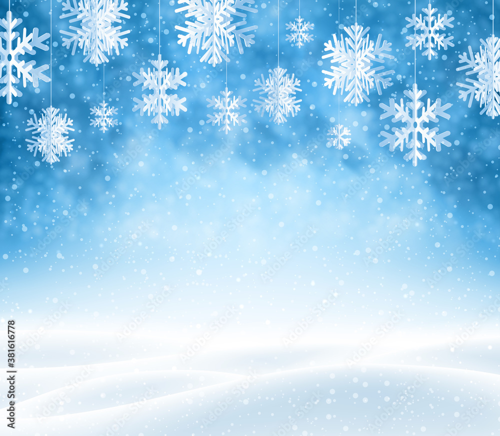 Winter background with snowdrift and snowflakes.