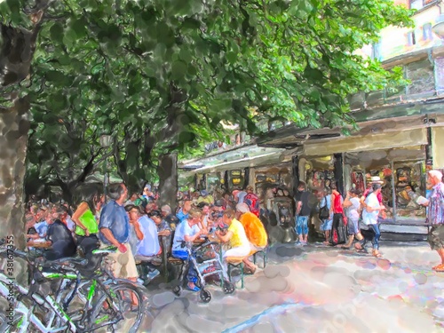 Watercolor illustration of Munich Viktualienmarkt. People on market. photo