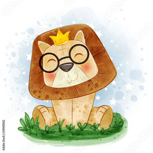 lion king cute illustration sit down on the grass