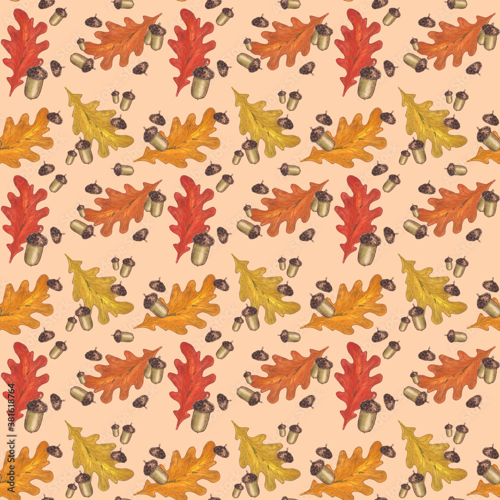 Seamless pattern with fall oak illustrations. Seamless pattern with fall oak illustrations.