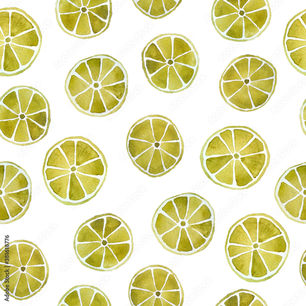 hand drawn watercolor seamless pattern yellow lemon and olive green lime citrus slices. Trendy fresh organic fruits source of vitamin C component for summer cocktails natural bright intense vibrant.