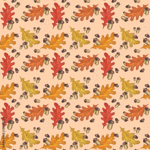 Seamless pattern with fall oak illustrations.