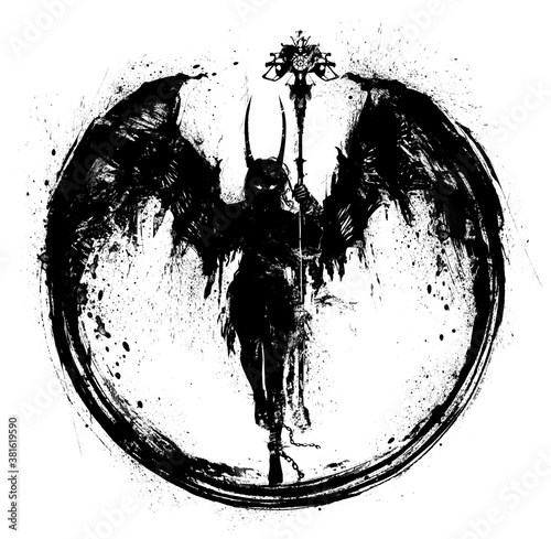 Fotografie, Tablou A silhouette of a demon girl with huge wings holds a strange staff in her hand, she has long horns, she soars in the air
