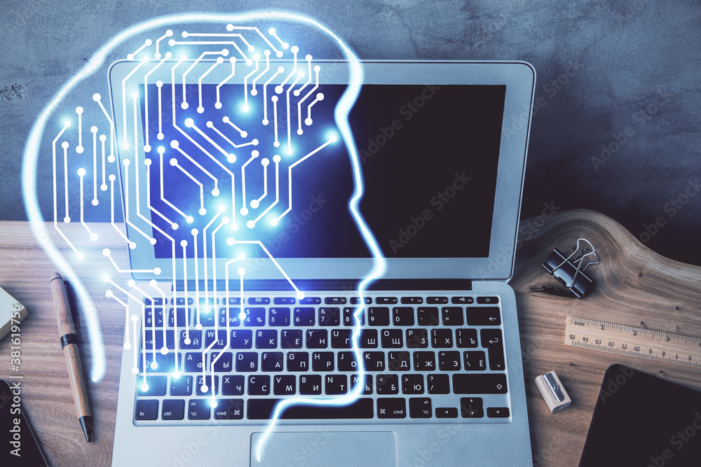 Multi exposure of work space with computer and human brain hologram. Brainstorm concept. Multi exposure of work space with computer and human brain hologram. Brainstorm concept.
