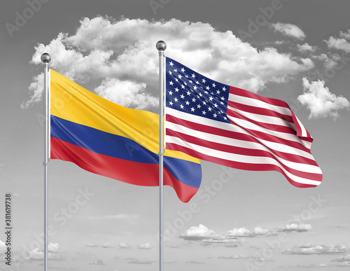Two realistic flags. United States of America vs Colombia. Thick colored silky flags of America and Colombia. 3D illustration on sky background. - Illustration