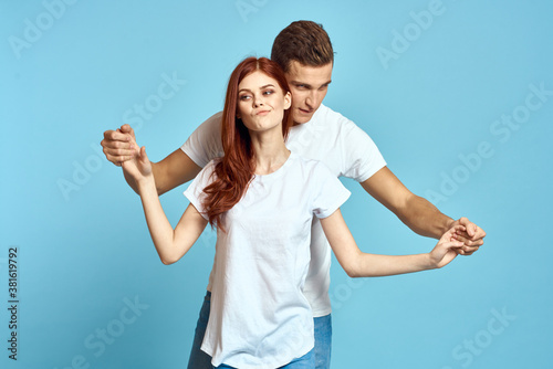 Man and woman family relationship blue background love cropped view romance