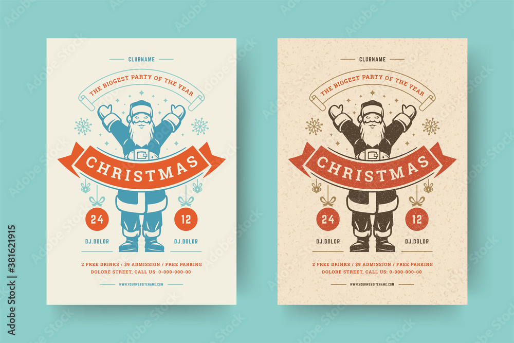 Obraz premium Christmas party flyer invitation modern typography and decoration elements with santa claus.