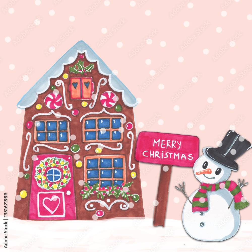 Christmas card with snowman, gingerbread house with merry christmas sign, marker drawing, pink snow sky