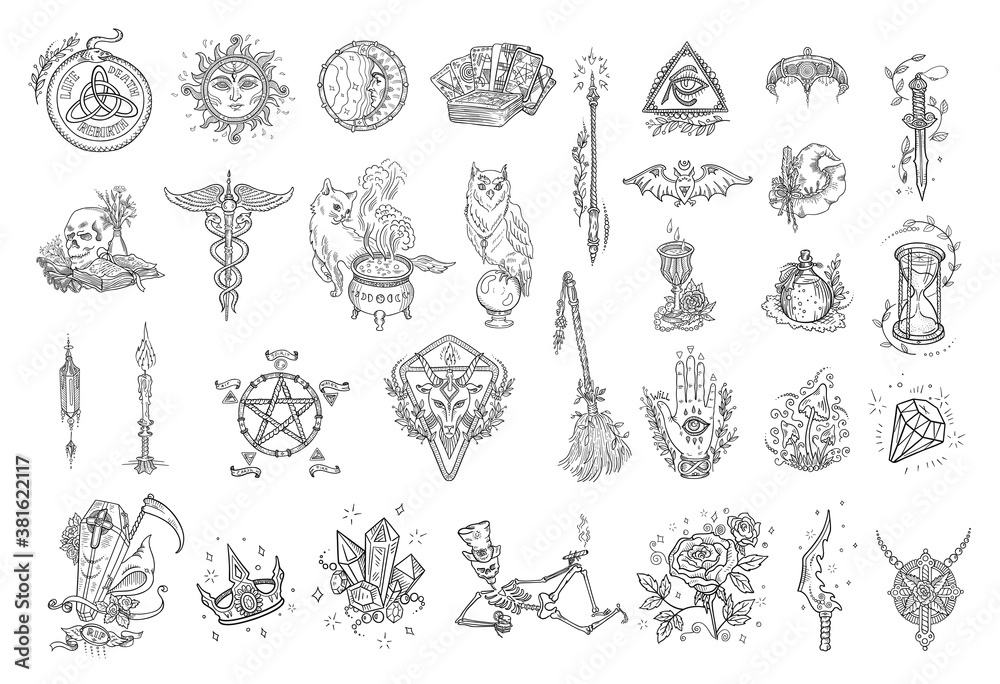 Witchcraft kit. Magic occult and alchemical symbols. Halloween mysticism set. Esoteric astrological. Hand drawn sketch vector illustration. - obrazy, fototapety, plakaty 