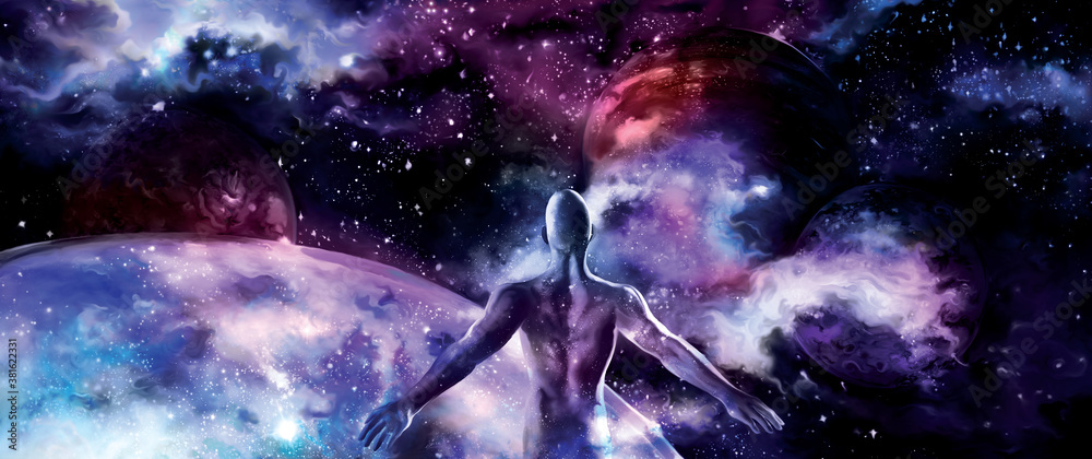 Humanity and the Universe abstract banner / Illustration color cosmos banner with planets, stars and a man stretching out his hands. Digital painting - obrazy, fototapety, plakaty 