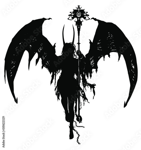 A silhouette of a demon girl with huge wings holds a strange staff in her hand, she has long horns, she soars in the air. 2D illustration