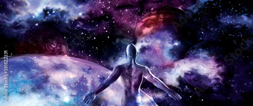 Humanity and the Universe abstract banner / Illustration color cosmos banner with planets, stars and a man stretching out his hands. Digital painting