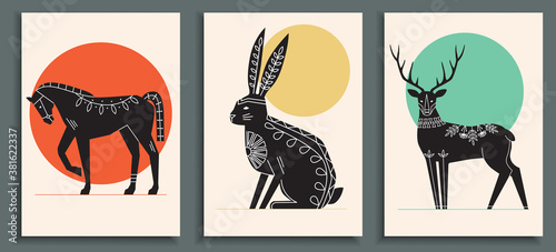 Abstract poster collection with animals: horse, hare, deer. Set of contemporary Scandinavian art print templates. Ink animals with floral ornament and geometrical shapes on the background.