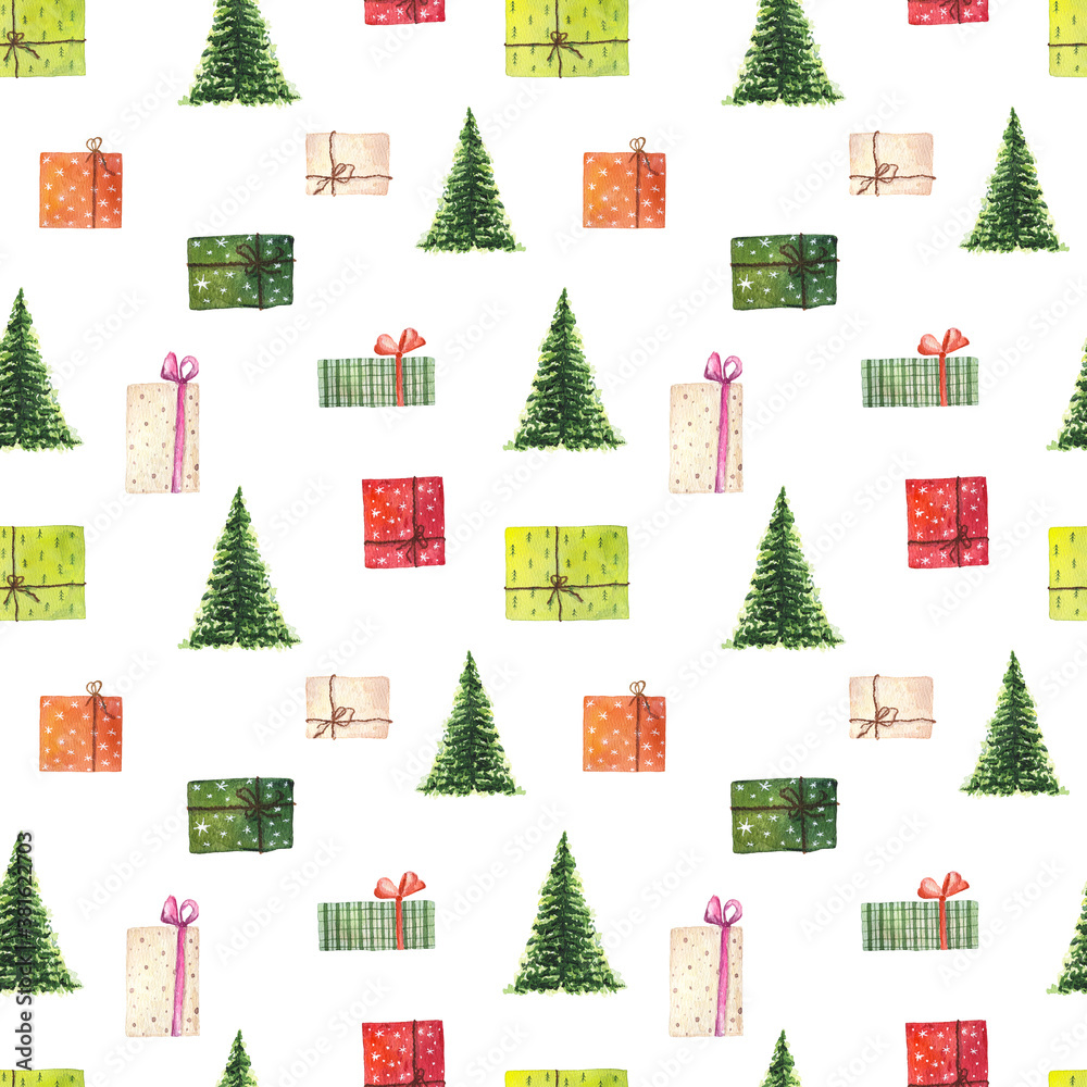 Naklejka premium Watercolor christmas seamless pattern with christmas tree end present boxes isolated on white background.