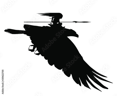 Silhouette Amazon girl flies astride a huge eagle holding a long spear ready to attack, she has long hair fluttering in the wind. 2D illustration