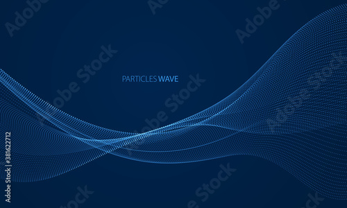 Wave of flowing particles over dark modern relaxing illustration. Round shining dots vector abstract background. Beautiful wave shaped array of blended points.