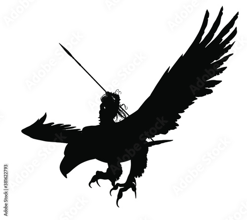 Silhouette Amazon girl flies astride a huge eagle holding a long spear ready to attack, she has long hair fluttering in the wind. 2D illustration