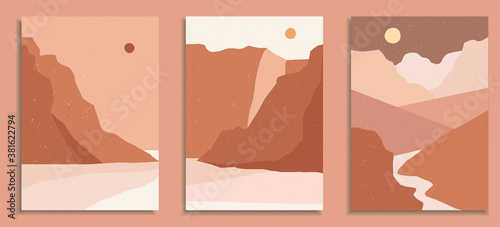 Abstract landscape poster collection. Set of contemporary art print templates. Nature backgrounds for your social media. Sun and moon, sea, mountains, ocean, river bundle