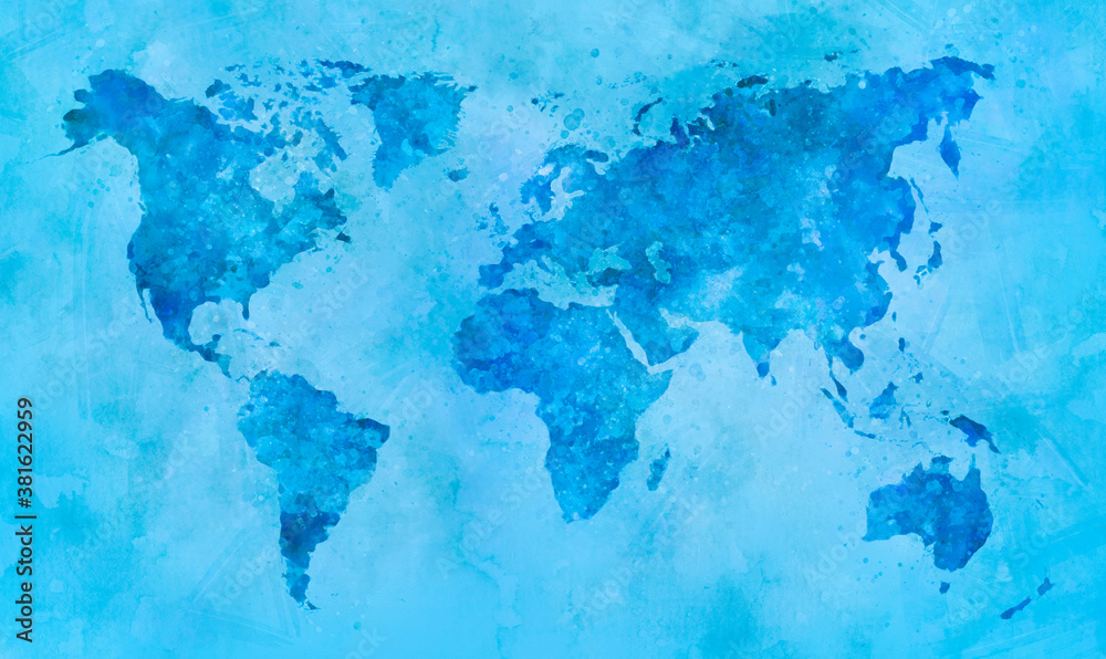 World map in blue watercolor painting abstract splatters on paper.