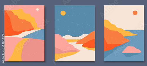 Abstract coloful landscape poster collection. Set of contemporary art print templates. Nature backgrounds for your social media. Sun and moon, sea, mountains, ocean, river bundle.