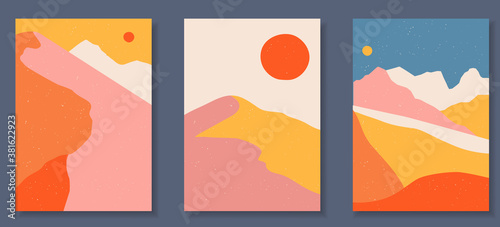 Abstract coloful landscape poster collection. Set of contemporary art print templates. Nature backgrounds for your social media. Sun and moon, sea, mountains, ocean, river bundle.