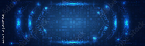 Wide Hi-tech vector illustration with various technology elements. Cyber security internet and networking concept. Digital internet communication on blue background. Abstract global sci fi concept.