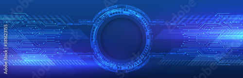 Digital internet communication on blue background. Abstract global sci fi concept. Wide Hi-tech vector illustration with various technology elements. Cyber security internet and networking concept.