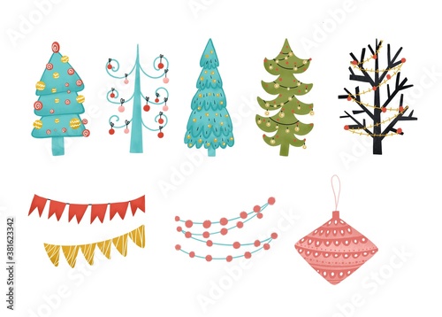 Set of Christmas decorations. Christmas decorative elements are isolated on a white background. Cute hand drawing of Christmas and New year. photo