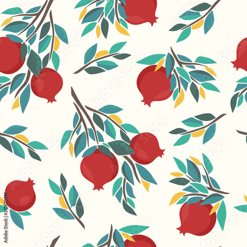 Abstract pomegranate seamless pattern with leaves and fruits. Colourful summer background for fabric design print, textile, backdrops. Hand-drawn style vector illustration.