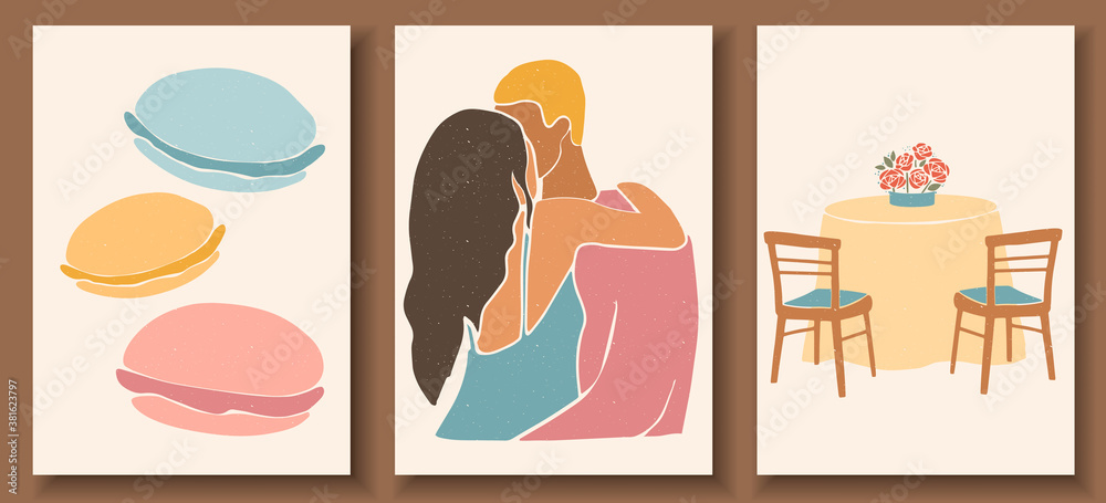 Set of abstract man and female shapes and silhouettes. Abstract couple portraits in pastel colours. Collection of contemporary art posters. Romantic dinner and sweet macaroon composition.