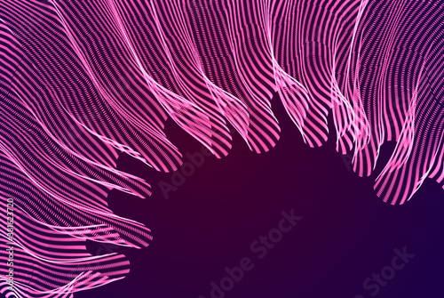 Flowing magic energy particles over dark  wave of blended dots transparent tulle textile on wind. Curved dotted 3d lines vector effect illustration. 3d futuristic style.