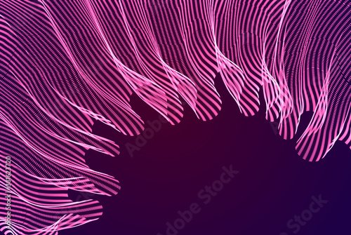 Flowing magic energy particles over dark, wave of blended dots transparent tulle textile on wind. Curved dotted 3d lines vector effect illustration. 3d futuristic style.