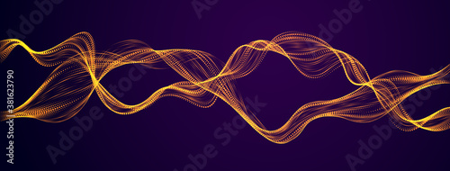 3d particles mesh array, mutual sound wave flowing over dark. Round shining points vector effect illustration. Blended mesh, future technology relaxing wallpaper.