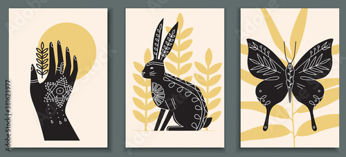 Abstract poster collection with animals, hare, insects, butterfly, hand with mehendi. Set of contemporary scandinavian print templates. Ink animals with floral ornament and floral shapes on background