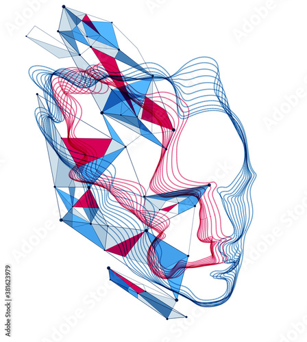 Artificial Intelligence, abstract artistic human head portrait made of dotted particles array, vector software digital visual interface. Digital soul, spirit of technological time.