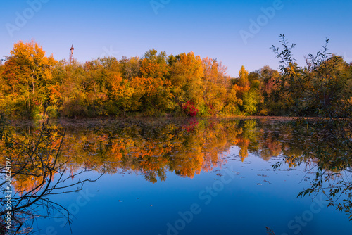 Colorful autumnal photo of a small lake, autumnal small lake with colorful trees in the background, reflections © Ronny Rose