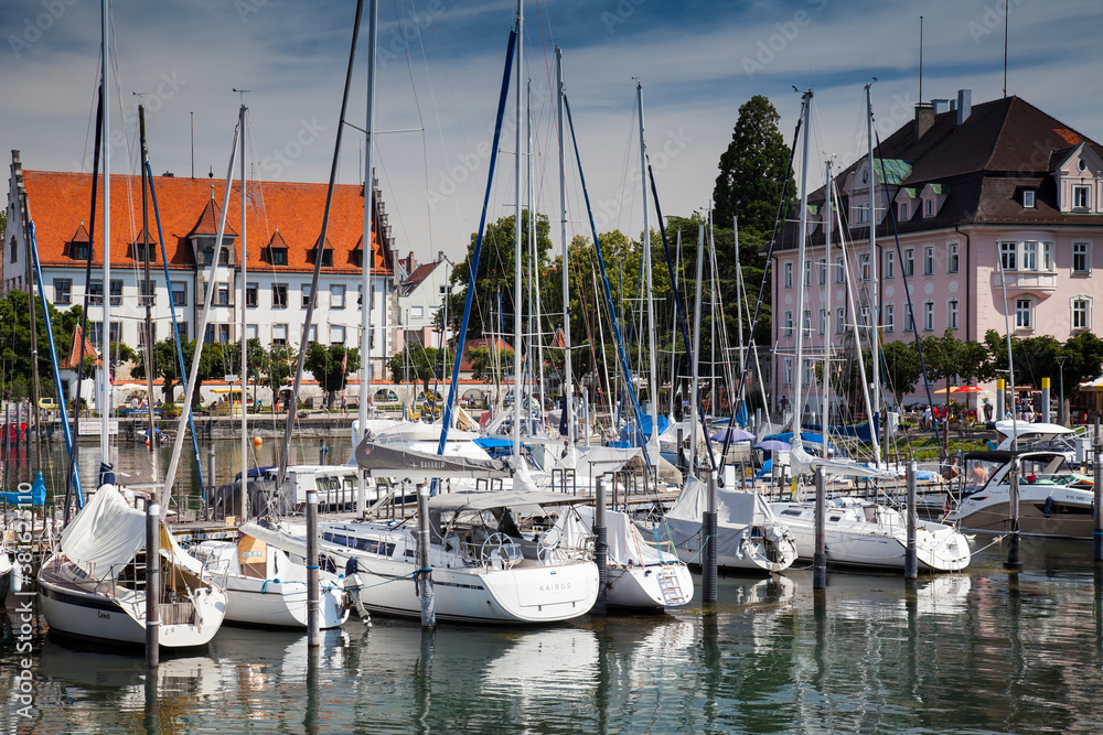 Motor boats and sailing boats,  port, Lake Constance, Lindau, Swabia, Bavaria, Germany, Europe