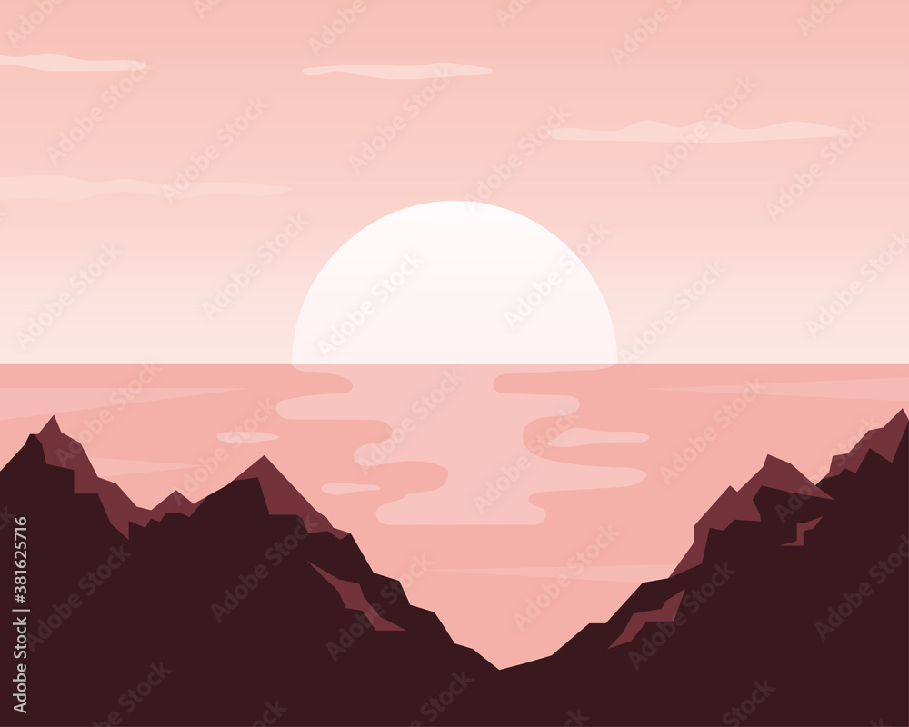 Vector nature landscape with mountain, sea, sun, sky. Landscape silhouette vector illustration.