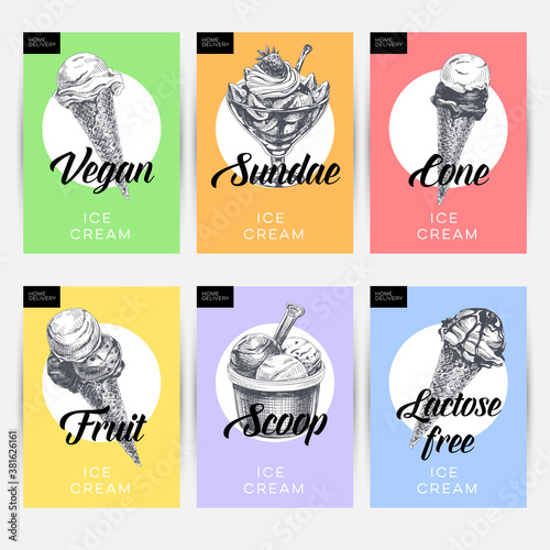 Template element for ice cream packaging design set, retro hand drawn vector illustration.