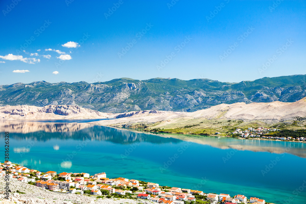 Croatia, Adriatic coastline, town of Pag on Pag island and Velebit mountain in background