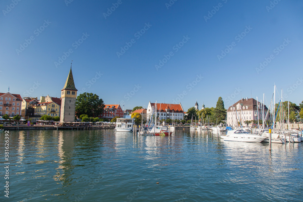 Fototapeta premium harbour entrance, harbour, Lindau island, Lindau on Lake Constance, Lake Constance region, Swabia, Germany, Europe