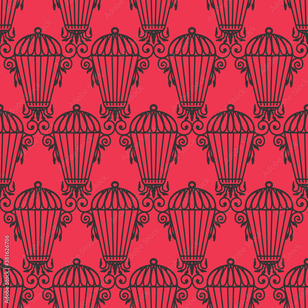 Vintage Iron Birdcages on Red Background Vector Seamless Pattern